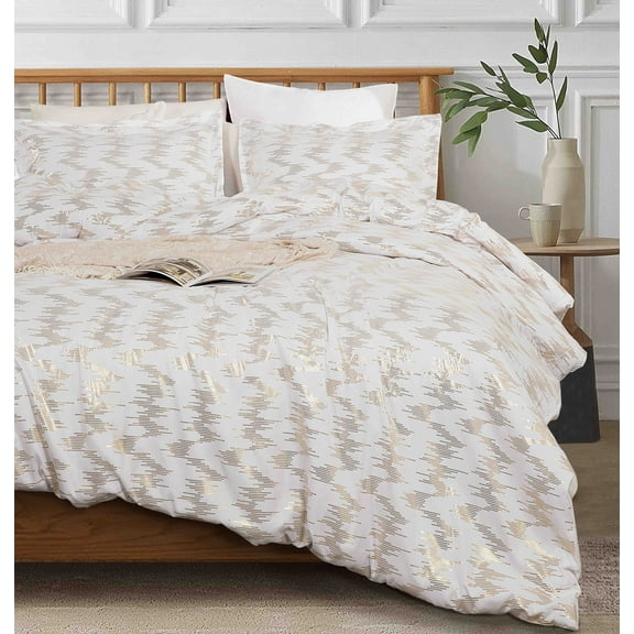 Chezmoi Collection Samantha 3-Piece White Printed Sound Wave Vector Gold Metallic Comforter Set, Queen Size