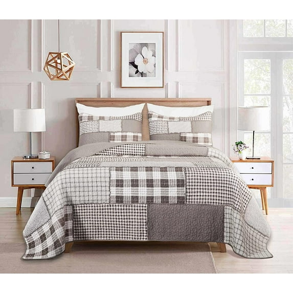 Chezmoi Collection Sanders 3-Piece Plaid Windowpane Checkered Patchwork 100% Vintage Washed Cotton Quilt Set, Queen Size