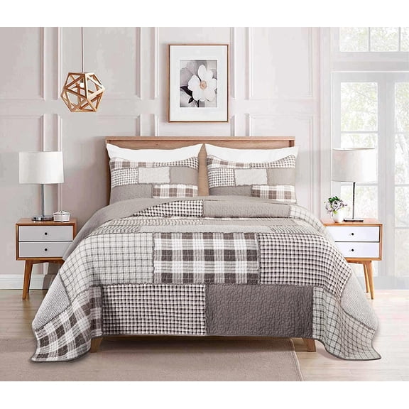 Chezmoi Collection Sanders 3-Piece Plaid Windowpane Checkered Patchwork 100% Vintage Washed Cotton Quilt Set, Queen Size