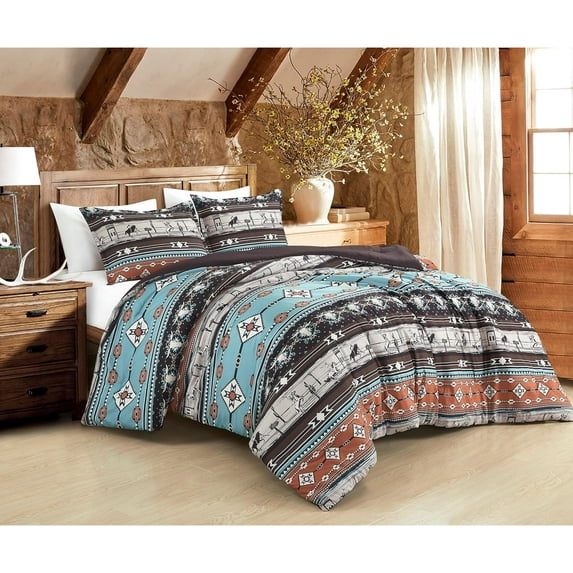 Chezmoi Collection Sawyer 3-Piece Southwestern Cowboys Rodeo Comforter Set, Multicolor Blue Brown Beige Clay Printed Washed Microfiber Bedding, Full