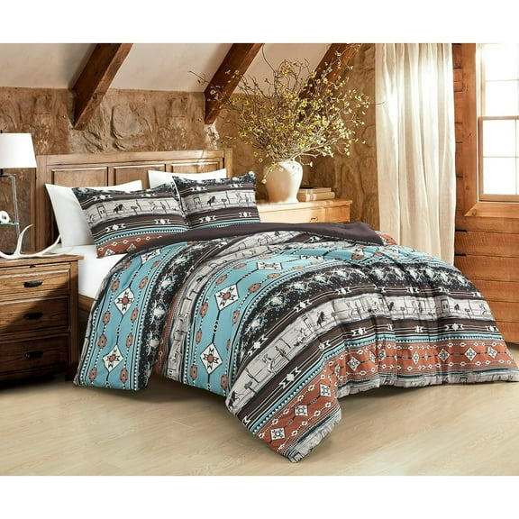 Chezmoi Collection Sawyer 2-Piece Southwestern Cowboys Rodeo Comforter Set, Multicolor Blue Brown Beige Clay Printed Washed Microfiber Bedding, Twin