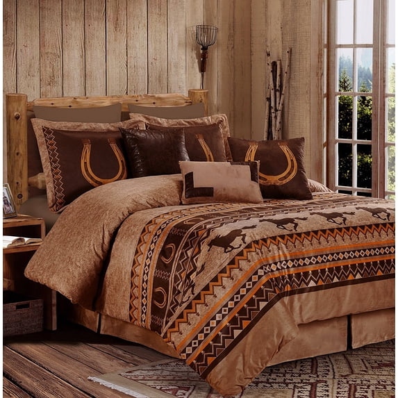 Chezmoi Collection Sedona 7-Piece Southwestern Wild Horses Microsuede Comforter Set, Extra Wide King, Russet Brown
