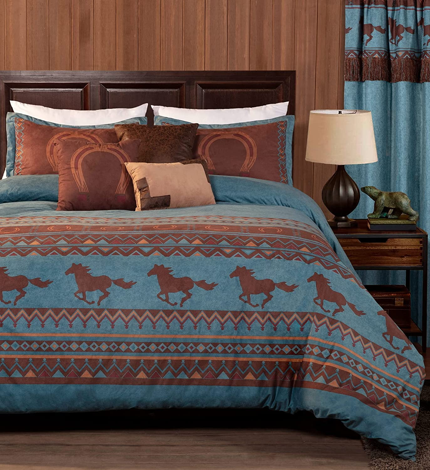 Chezmoi Collection Sedona 7-Piece Southwestern Wild Horses Microsuede Comforter Set, Full, Turquoise Blue