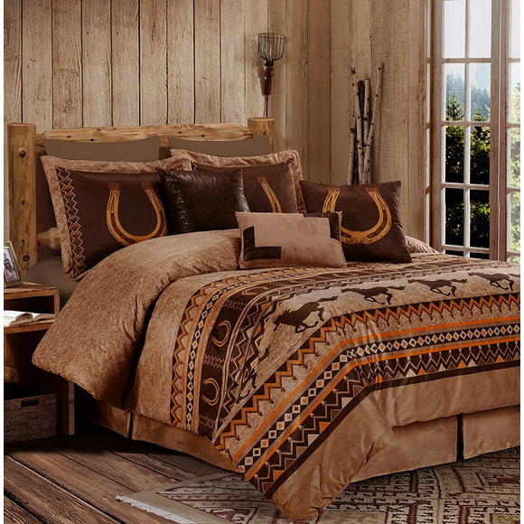 Chezmoi Collection Sedona 7-Piece Southwestern Wild Horses Microsuede Comforter Set, Queen, Russet Brown