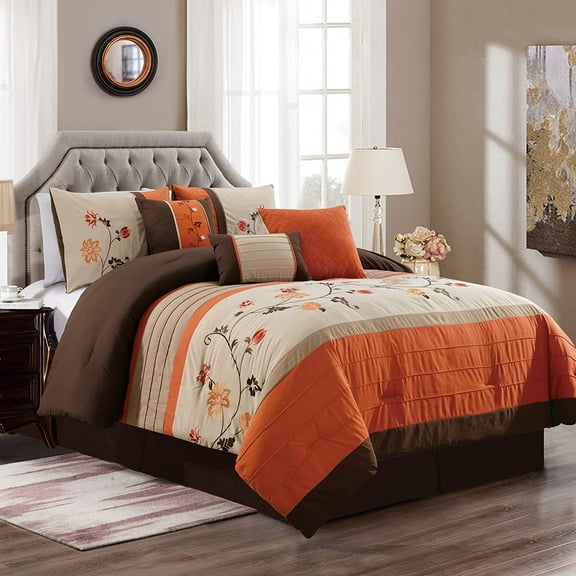 Chezmoi Collection Serene 7-Piece Luxury Floral Embroidery Comforter Set, King, Orange/Brown/Taupe