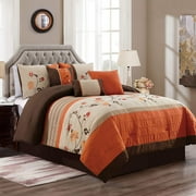 Chezmoi Collection Serene 7-Piece Luxury Floral Embroidery Comforter Set, King, Orange/Brown/Taupe