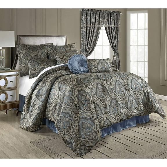 Chezmoi Collection Seville 9-Piece Medallion Paisley Jacquard Comforter Set, Queen, Blue/Gold