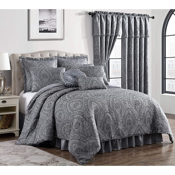 Chezmoi Collection Seville 9-Piece Medallion Paisley Jacquard Comforter Set, Queen, Gray/Silver