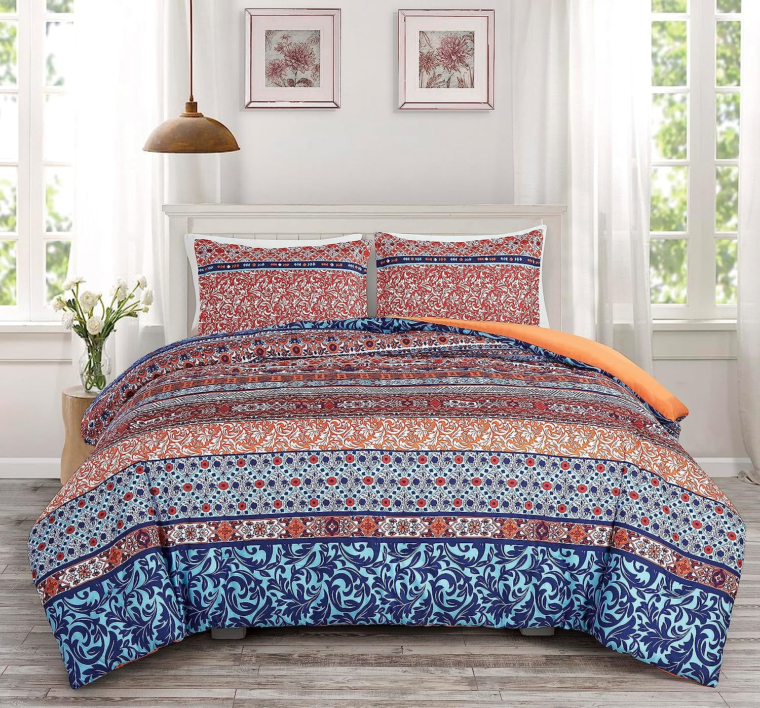 Full Multicolor Bohemian Medallion Stripe Microfiber Comforter Set