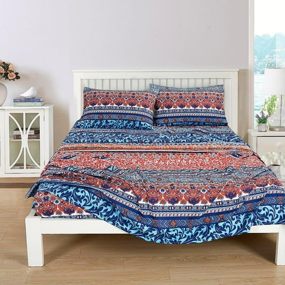 Chezmoi Collection Shore 4-Piece Boho Stripe Bed Sheet Set, Medallion Floral Colorful Bohemian Printed Brushed Microfiber Deep Pocket Sheets & Pillowcases, Full