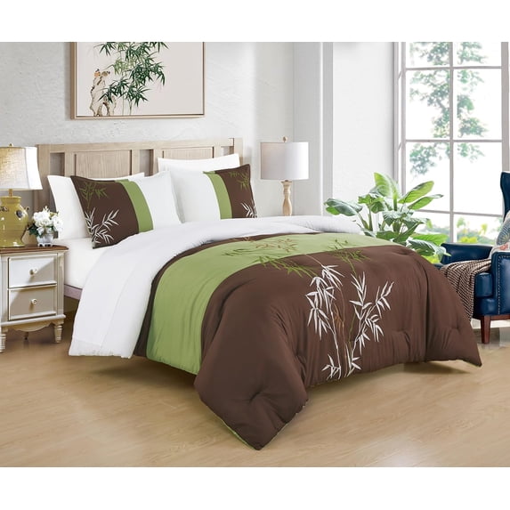 Chezmoi Collection Simon 7-Piece Bamboo Embroidered Bed in a Bag Comforter Set Full Size, Sage Green Brown Ivory Bamboo Grass Microfiber Comforter Bedding with Sheet Set