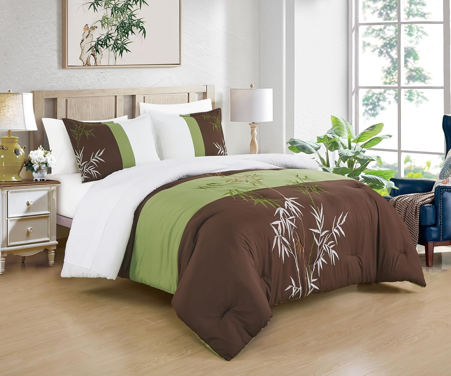 Chezmoi Collection Simon 7-Piece Bamboo Embroidered Bed in a Bag Comforter Set King Size, Sage Green Brown Ivory Bamboo Grass Microfiber Comforter Bedding with Sheet Set