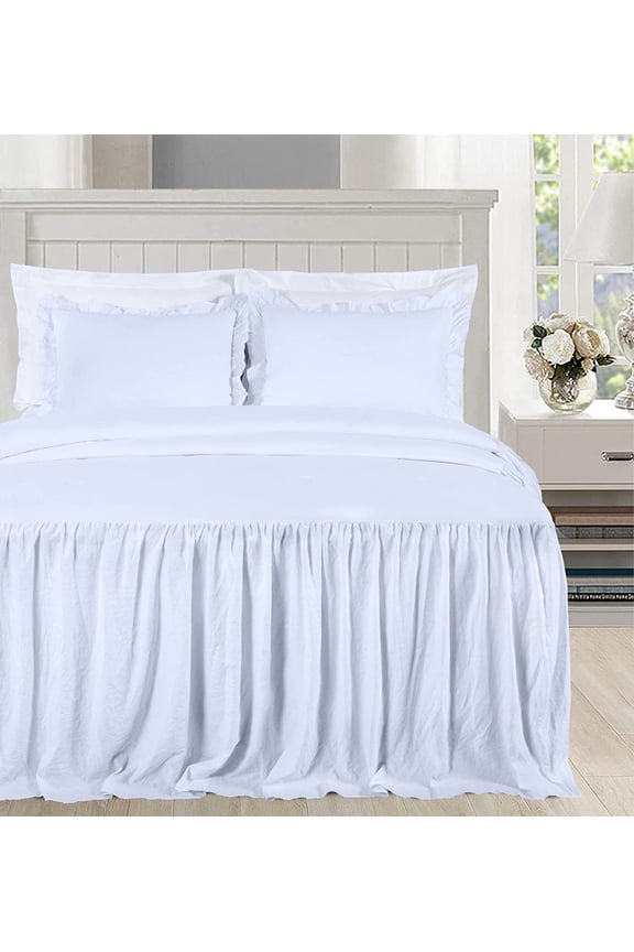 Sinclair 2-Piece Ruffle Skirt Bedspread Set, Soft Lightweight French Country Chic Farmhouse Crinkle Texture Microfiber Bedding, Twin, White