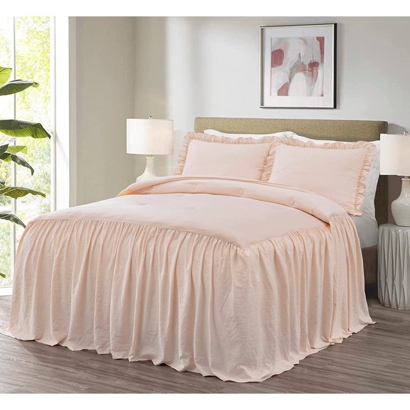Chezmoi Collection Sinclair 3-Piece Ruffle Skirt Bedspread Set, Soft Lightweight French Country Chic Farmhouse Crinkle Texture Microfiber Bedding, California King, Blush