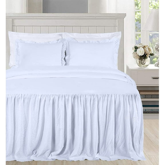 Chezmoi Collection Sinclair 3-Piece Ruffle Skirt Bedspread Set, Soft Lightweight French Country Chic Farmhouse Crinkle Texture Microfiber Bedding, Full, White