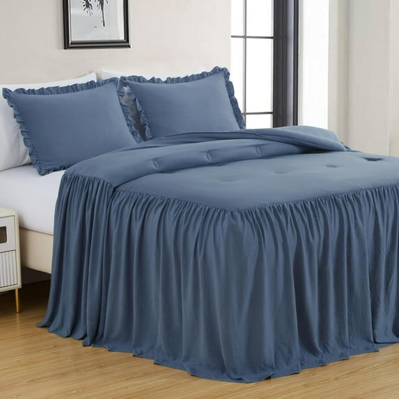 Chezmoi Collection Sinclair 3-Piece Ruffle Skirt Bedspread Set, Soft Lightweight French Country Chic Farmhouse Crinkle Texture Microfiber Bedding, California King, Dusty Blue