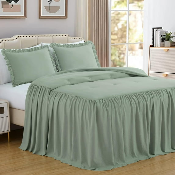 Chezmoi Collection Sinclair 3-Piece Ruffle Skirt Bedspread Set, Soft Lightweight French Country Chic Farmhouse Crinkle Texture Microfiber Bedding, Full, Sage Green