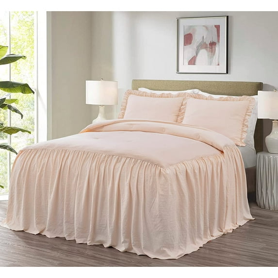 Chezmoi Collection Sinclair 3-Piece Ruffle Skirt Bedspread Set, Soft Lightweight French Country Chic Farmhouse Crinkle Texture Microfiber Bedding, Full, Blush