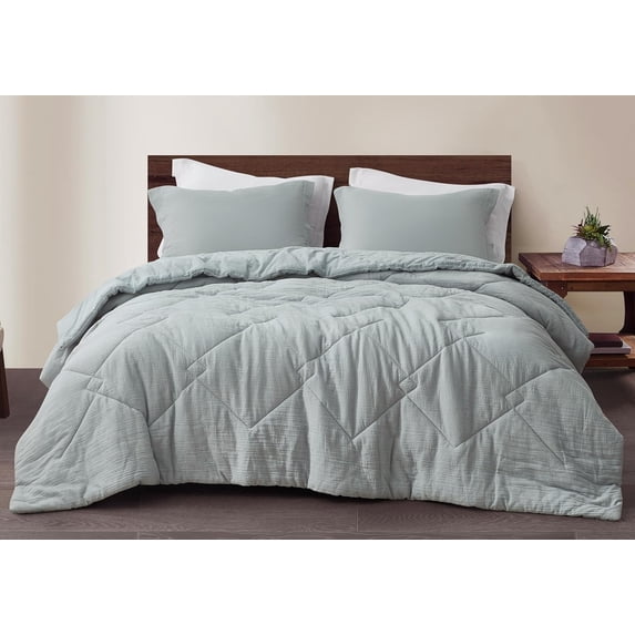 Chezmoi Collection Skye 3-Piece 100% Cotton Muslin Thin Comforter Set King, Light Blue-Gray Reversible Soft Washed Cotton Gauze Breathable Lightweight Summer Blanket