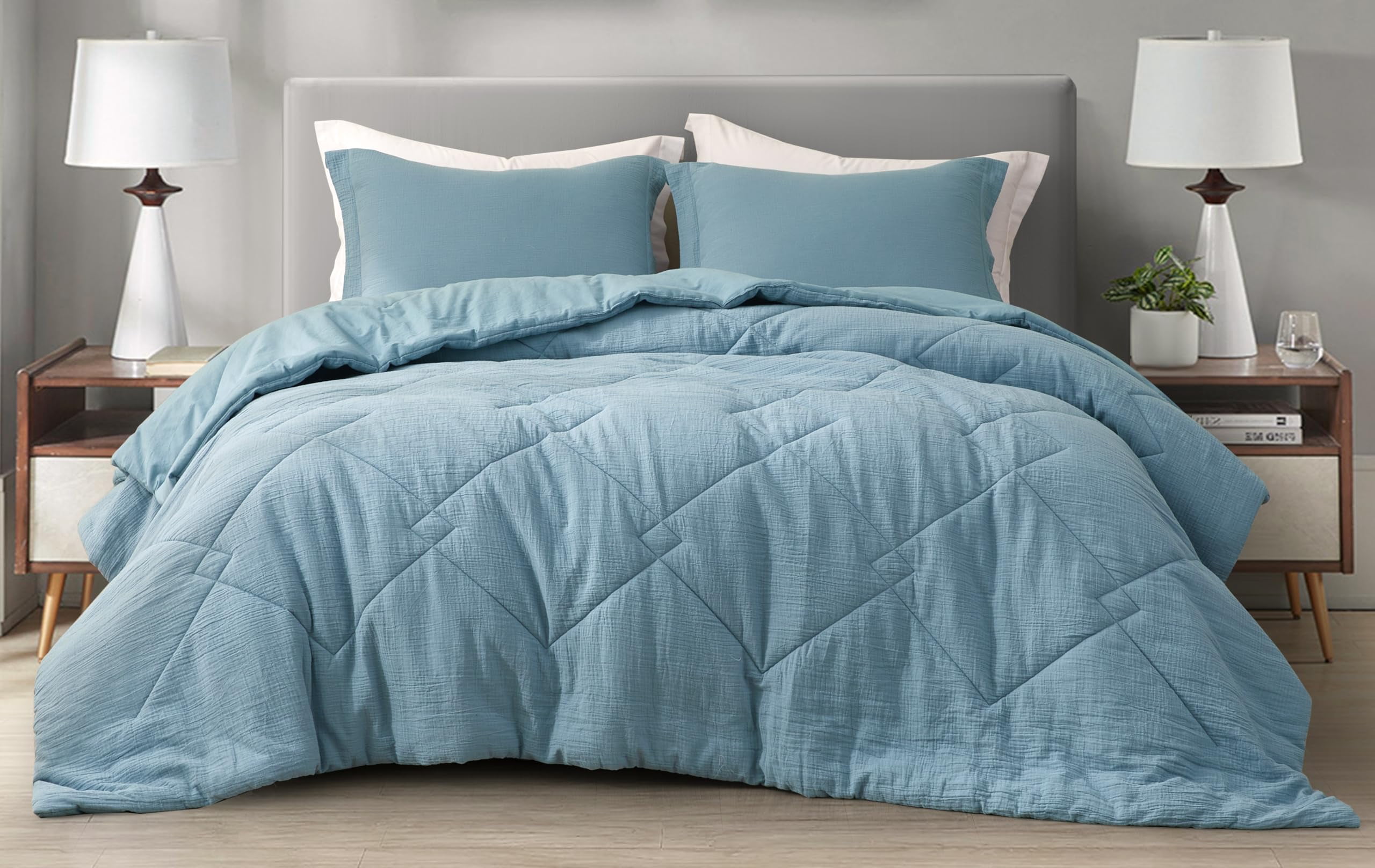 Chezmoi Collection Skye 3-Piece 100% Cotton Muslin Thin Comforter Set Oversized King, Lake Blue Reversible Soft Washed Cotton Gauze Breathable Lightweight Summer Blanket