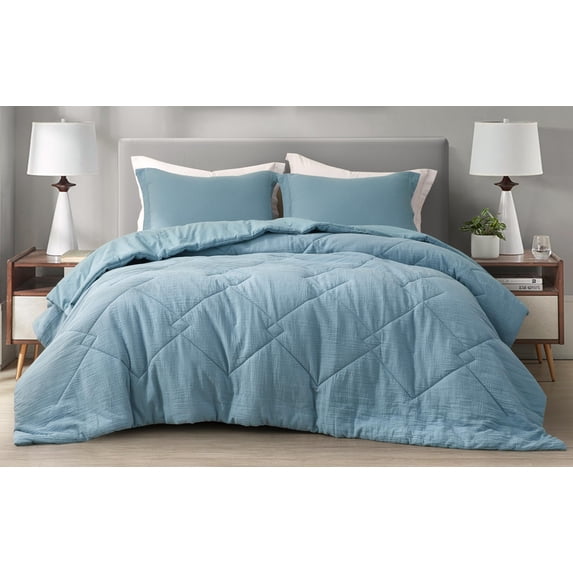 Chezmoi Collection Skye 3-Piece 100% Cotton Muslin Thin Comforter Set Oversized King, Lake Blue Reversible Soft Washed Cotton Gauze Breathable Lightweight Summer Blanket