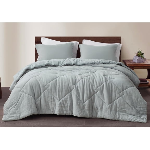 Chezmoi Collection Skye 3-Piece 100% Cotton Muslin Thin Comforter Set Queen, Light Blue-Gray Reversible Soft Washed Cotton Gauze Breathable Lightweight Summer Blanket