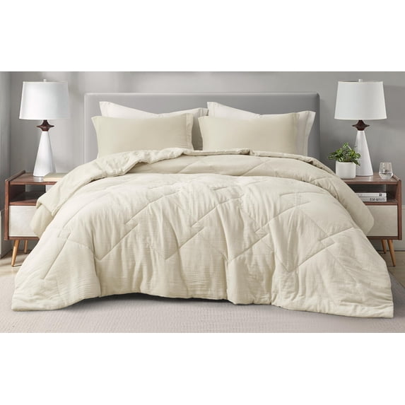 Chezmoi Collection Skye 3-Piece 100% Cotton Muslin Thin Comforter Set Queen, Natural Color Reversible Soft Washed Cotton Gauze Breathable Lightweight Summer Blanket