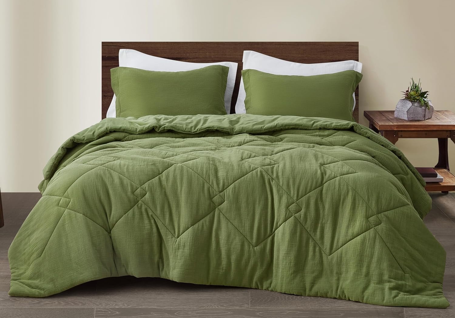 Chezmoi Collection Skye 3-Piece 100% Cotton Muslin Thin Comforter Set Queen, Olive Green Reversible Soft Washed Cotton Gauze Breathable Lightweight Summer Blanket