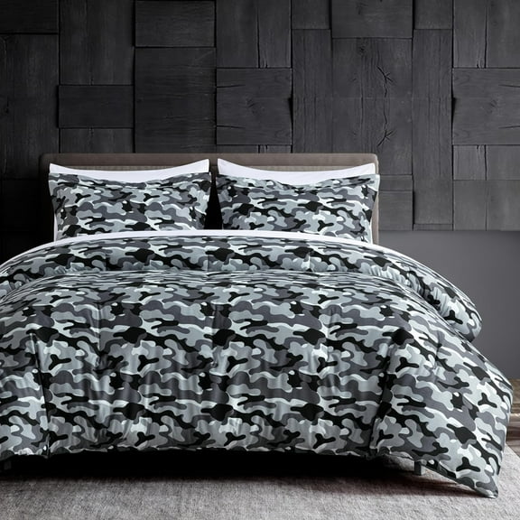Chezmoi Collection Soft Microfiber Printed Military Camo Bedding Set, 3-Piece Black Gray Camouflage Comforter Set, Full Size