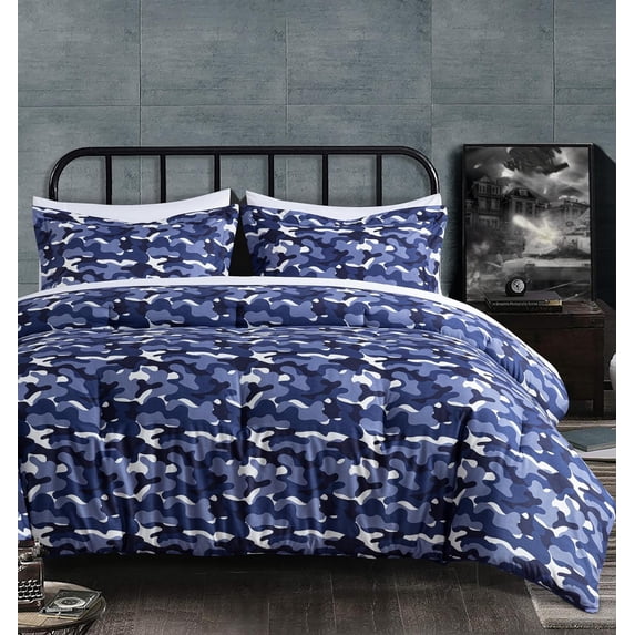 Chezmoi Collection Soft Microfiber Printed Military Camo Bedding Set, 3-Piece Blue Gray Camouflage Comforter Set, Full Size