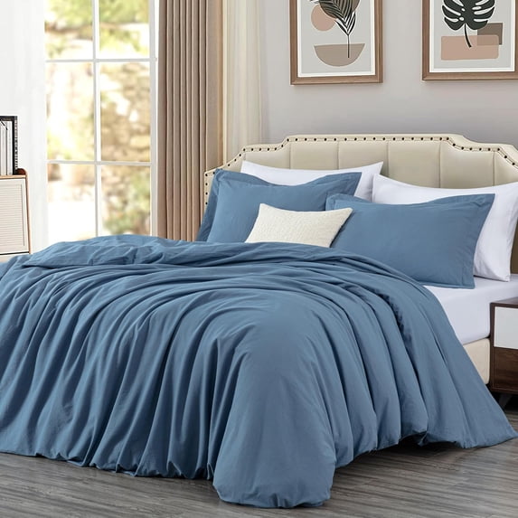 Chezmoi Collection Solid Blue 100% Washed Cotton Duvet Cover Set Queen Size, 3-Piece Luxury Soft Breathable Smooth Cooling Comforter Cover with Button Closure