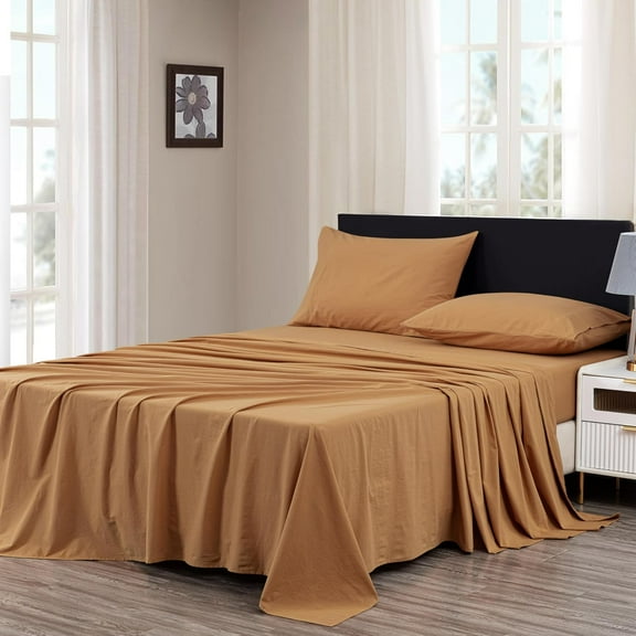 Chezmoi Collection Solid Caramel 100% Washed Cotton Bed Sheet Set King Size, 4-Piece Luxury Soft Breathable 16-Inches Deep Pocket Sheets and Pillowcases Set