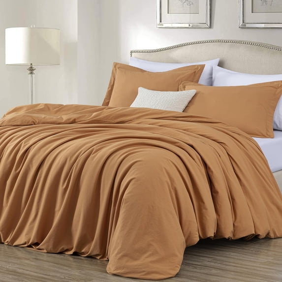 Chezmoi Collection Solid Caramel 100% Washed Cotton Duvet Cover Set Queen Size, 3-Piece Luxury Soft Breathable Smooth Cooling Comforter Cover with Button Closure