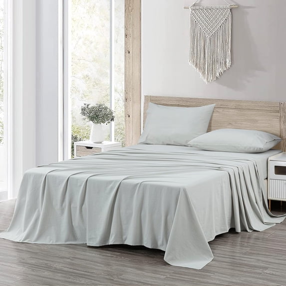 Chezmoi Collection Solid Light Gray 100% Washed Cotton Bed Sheet Set King Size, 4-Piece Luxury Soft Breathable 16-Inches Deep Pocket Sheets and Pillowcases Set