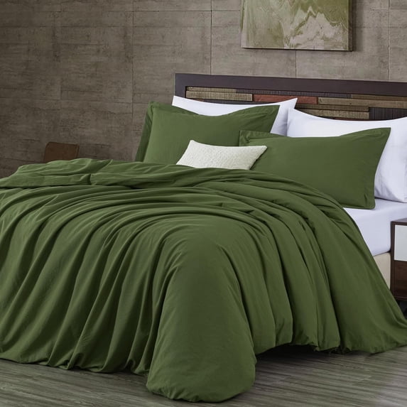 Chezmoi Collection Solid Loden Green 100% Washed Cotton Duvet Cover Set King Size, 3-Piece Luxury Soft Breathable Smooth Cooling Comforter Cover with Button Closure