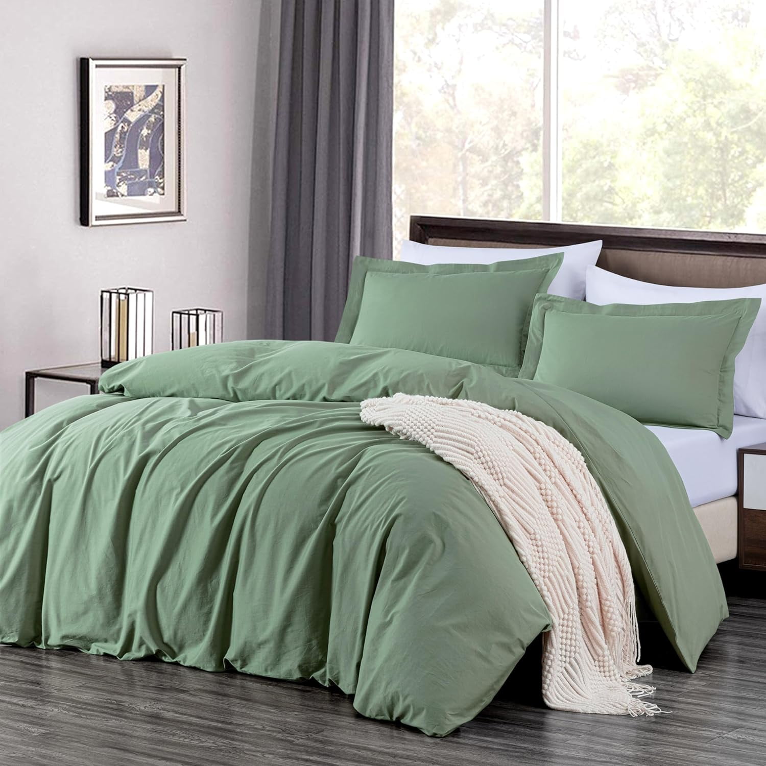 Chezmoi Collection Solid Sage Green 100% Cotton Duvet Cover Set King Size, 3-Piece Luxury Soft Breathable Smooth Cooling 250TC Cotton Twill Comforter Cover with Button Closure