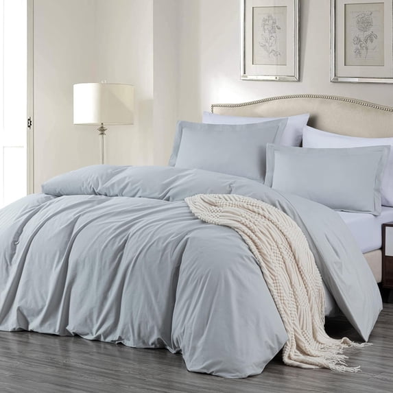 Chezmoi Collection Solid Silver Gray 100% Cotton Duvet Cover Set King Size, 3-Piece Luxury Soft Breathable Smooth Cooling 250TC Cotton Twill Comforter Cover with Button Closure