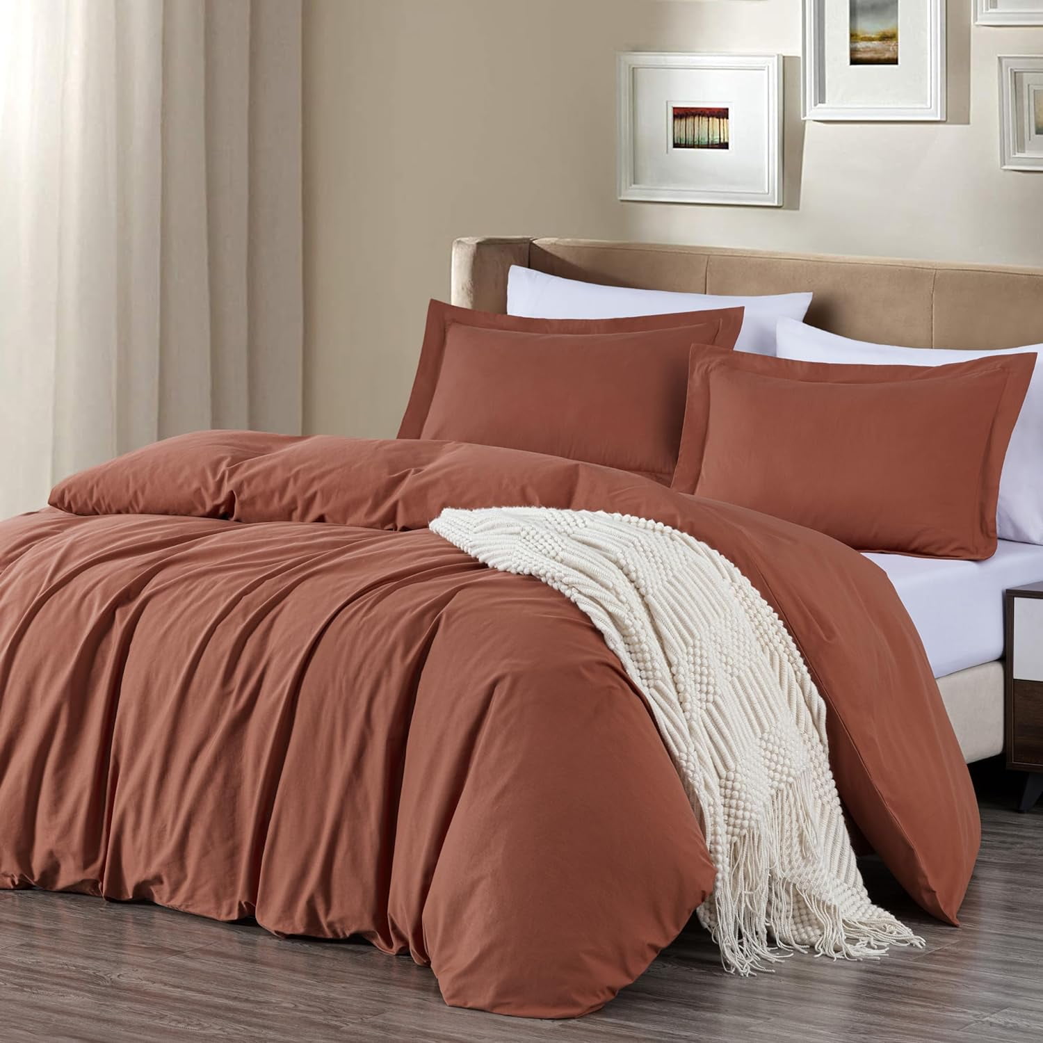 Chezmoi Collection Solid Terracotta 100% Cotton Duvet Cover Set King Size, 3-Piece Luxury Soft Breathable Smooth Cooling 250TC Cotton Twill Comforter Cover with Button Closure