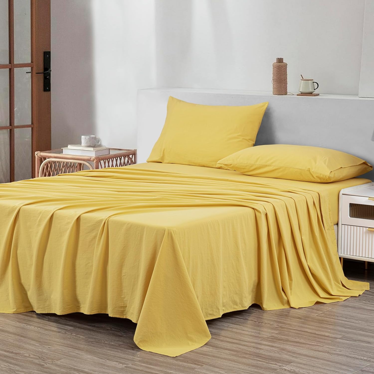 Chezmoi Collection Solid Yellow 100% Washed Cotton Bed Sheet Set Queen ...