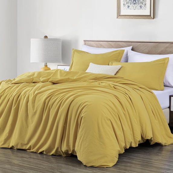 Chezmoi Collection Solid Yellow 100% Washed Cotton Duvet Cover Set King Size, 3-Piece Luxury Soft Breathable Smooth Cooling Comforter Cover with Button Closure