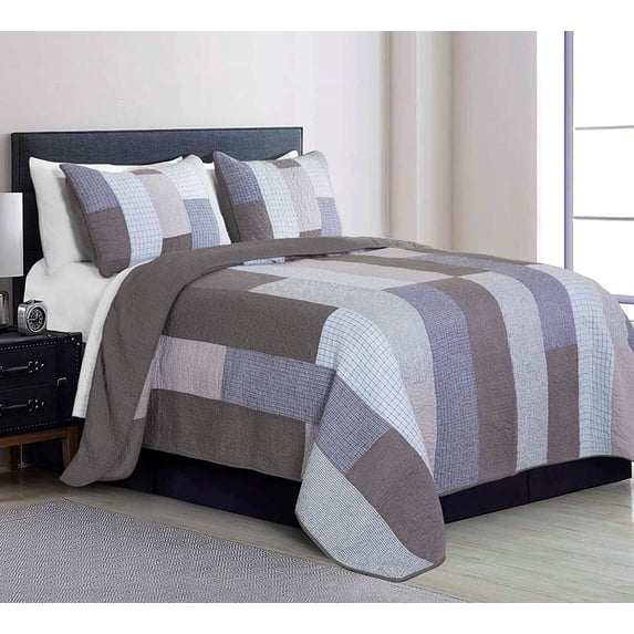 Chezmoi Collection Sora 3-Piece Pre-Washed Plaid Checkered Grid Patchwork Stripe Cotton Quilt Set, Queen Size