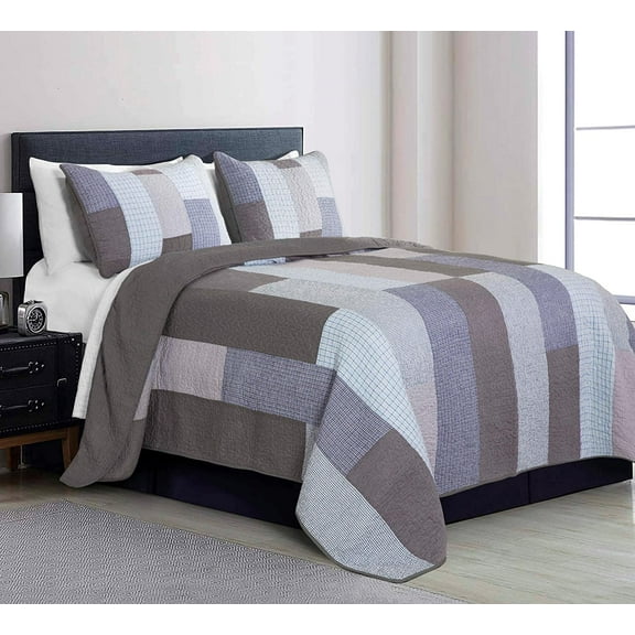 Chezmoi Collection Sora 3-Piece Pre-Washed Plaid Checkered Grid Patchwork Stripe Cotton Quilt Set, Queen Size