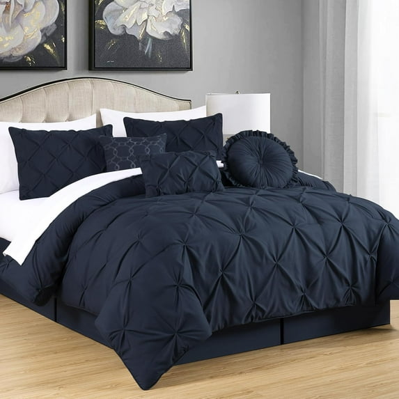 Chezmoi Collection Sydney 7-Piece Pinch Pleat Comforter Set, Lightweight Pintuck Bedding for All Season, California King, Midnight Blue