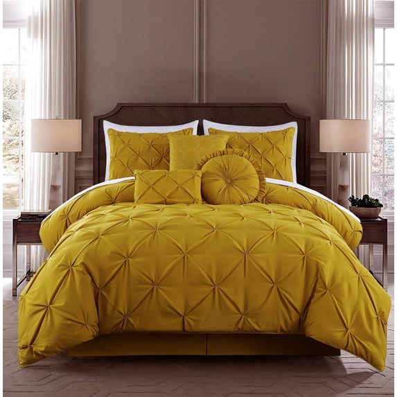 Chezmoi Collection Sydney 7-Piece Pinch Pleat Comforter Set, Lightweight Pintuck Bedding for All Season, California King, Mustard Yellow