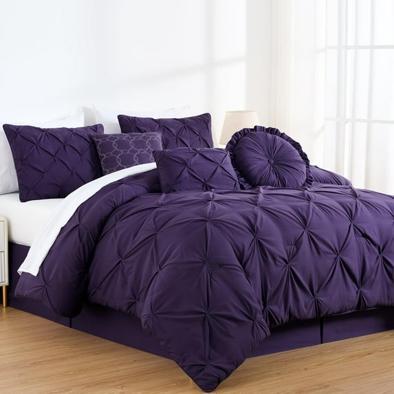 Chezmoi Collection Sydney 7-Piece Pinch Pleat Comforter Set, Lightweight Pintuck Bedding for All Season, California King, Purple