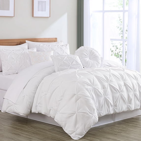 Chezmoi Collection Sydney 7-Piece Pinch Pleat Comforter Set, Lightweight Pintuck Bedding for All Season, California King, White