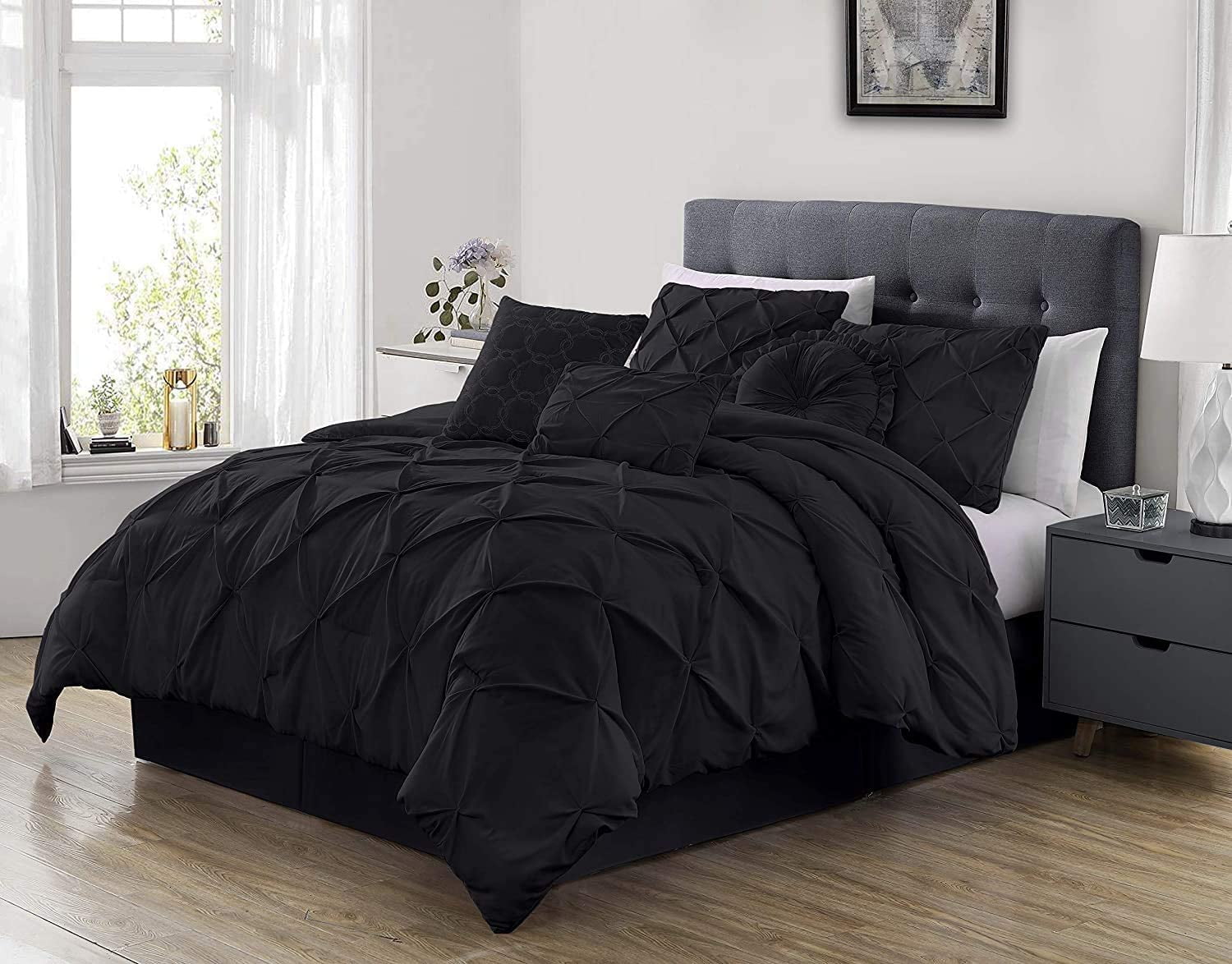 Chezmoi Collection Sydney 7-Piece Pinch Pleat Comforter Set, Lightweight Pintuck Bedding for All Season, Extra Wide King, Black