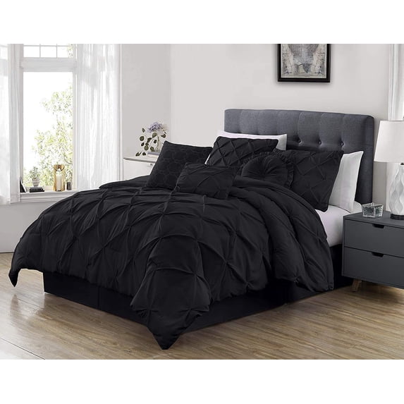 Chezmoi Collection Sydney 7-Piece Pinch Pleat Comforter Set, Lightweight Pintuck Bedding for All Season, Extra Wide King, Black