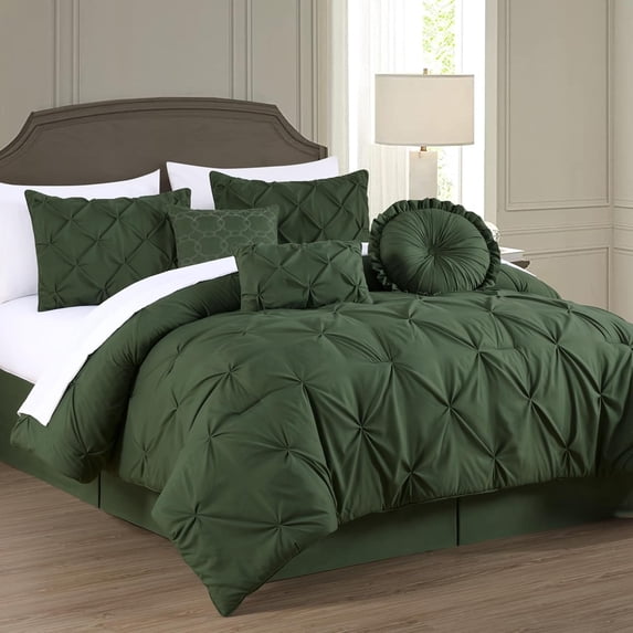 Chezmoi Collection Sydney 7-Piece Pinch Pleat Comforter Set, Lightweight Pintuck Bedding for All Season, Full, Forest Green