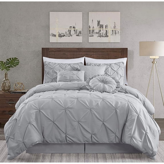 Chezmoi Collection Sydney 7-Piece Pinch Pleat Comforter Set, Lightweight Pintuck Bedding for All Season, Full, Light Gray